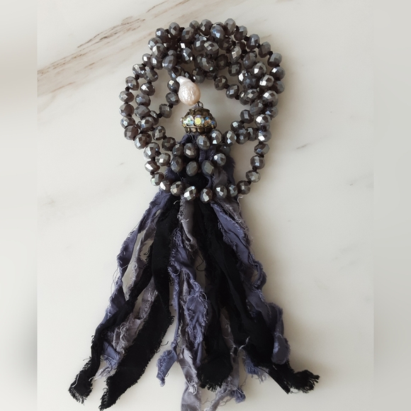 Faucet Crystal Rondelle Baroque Pearl AB Crystal Fabric Tassel Long Necklace 48" - Picture 5 of 11